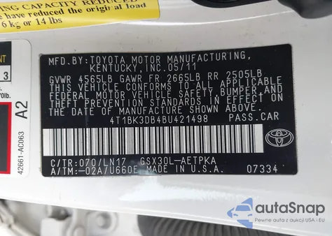 2011 Toyota Avalon Limited from USA, damaged, VIN 4T1BK3DB4BU421498
